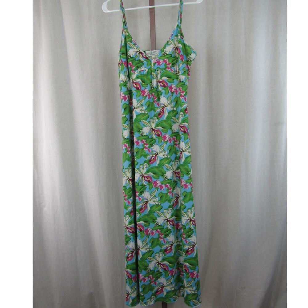 Pineapple Moon Medium Green Blue Hawaiian Tank Maxi Dress Floral Palm Leaves